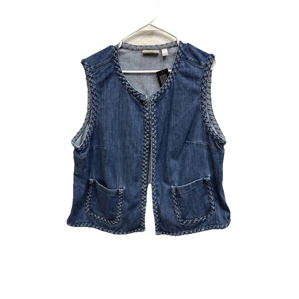 LOGO by Lori Goldstein Denim Braided Vest 2X New Pockets Cotton Blend Blue